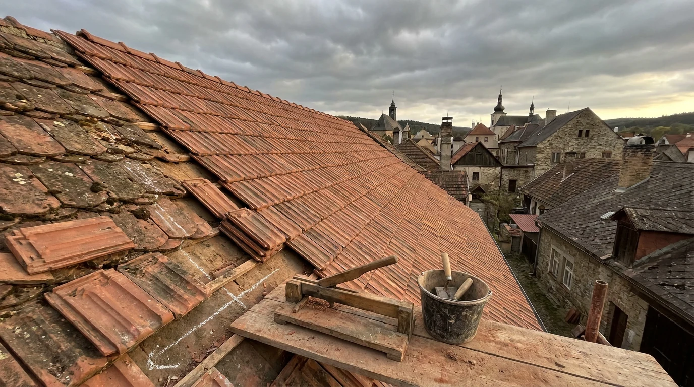 Střecha s novou pálenou krytinou proti podmračené obloze