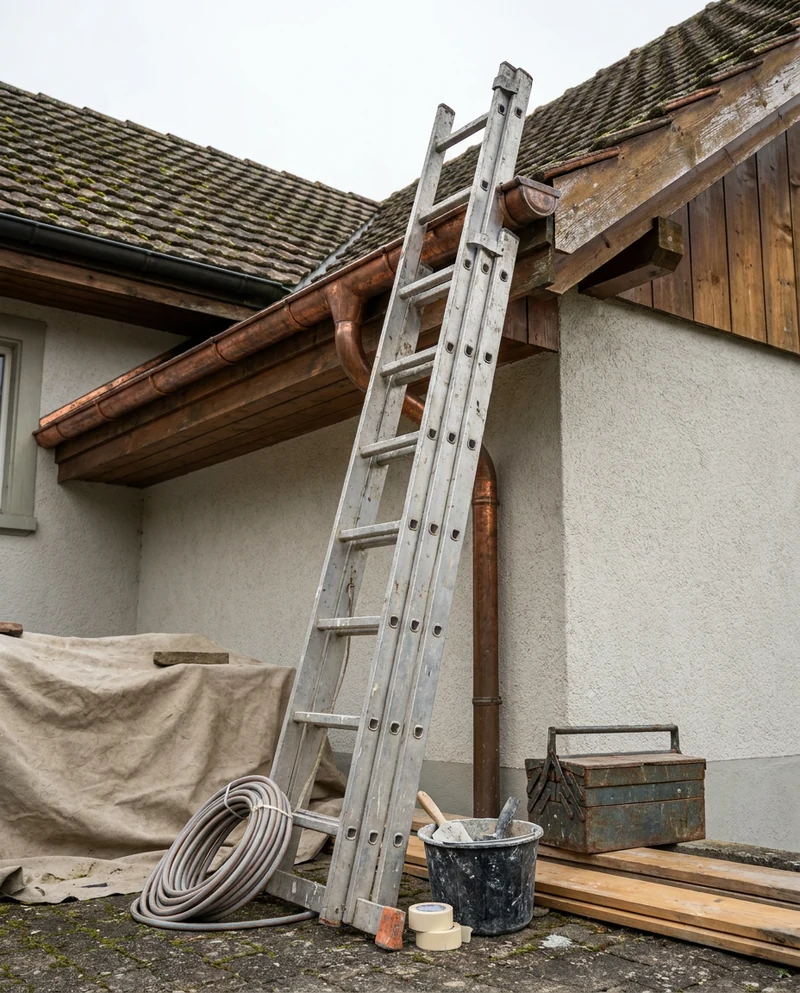 Žebřík opřený o okap domu při prohlídce střechy