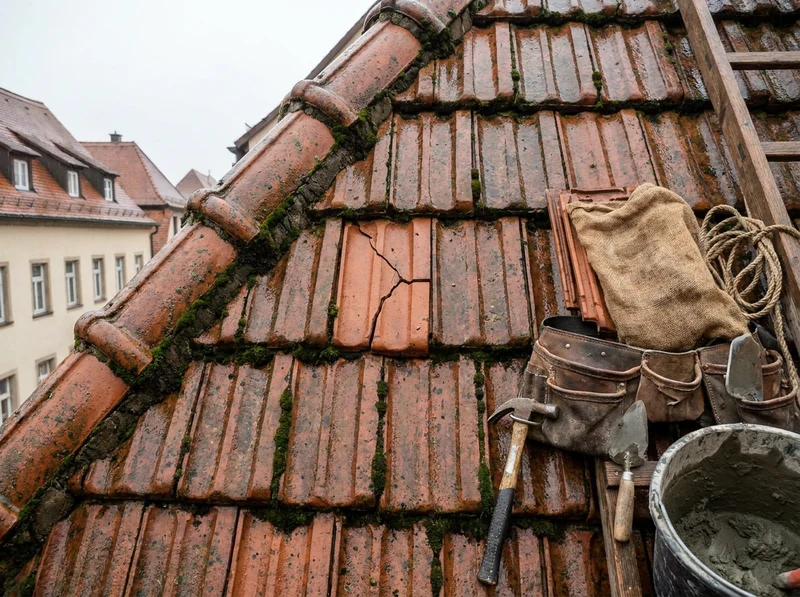 Detail poškozené krytiny s prasklou taškou